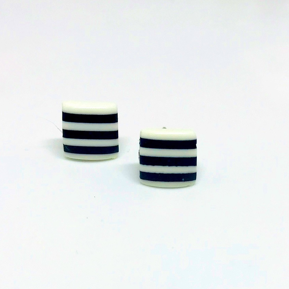 Black & White Minimalist Repurposed Vintage Striped Bead Stud Earrings